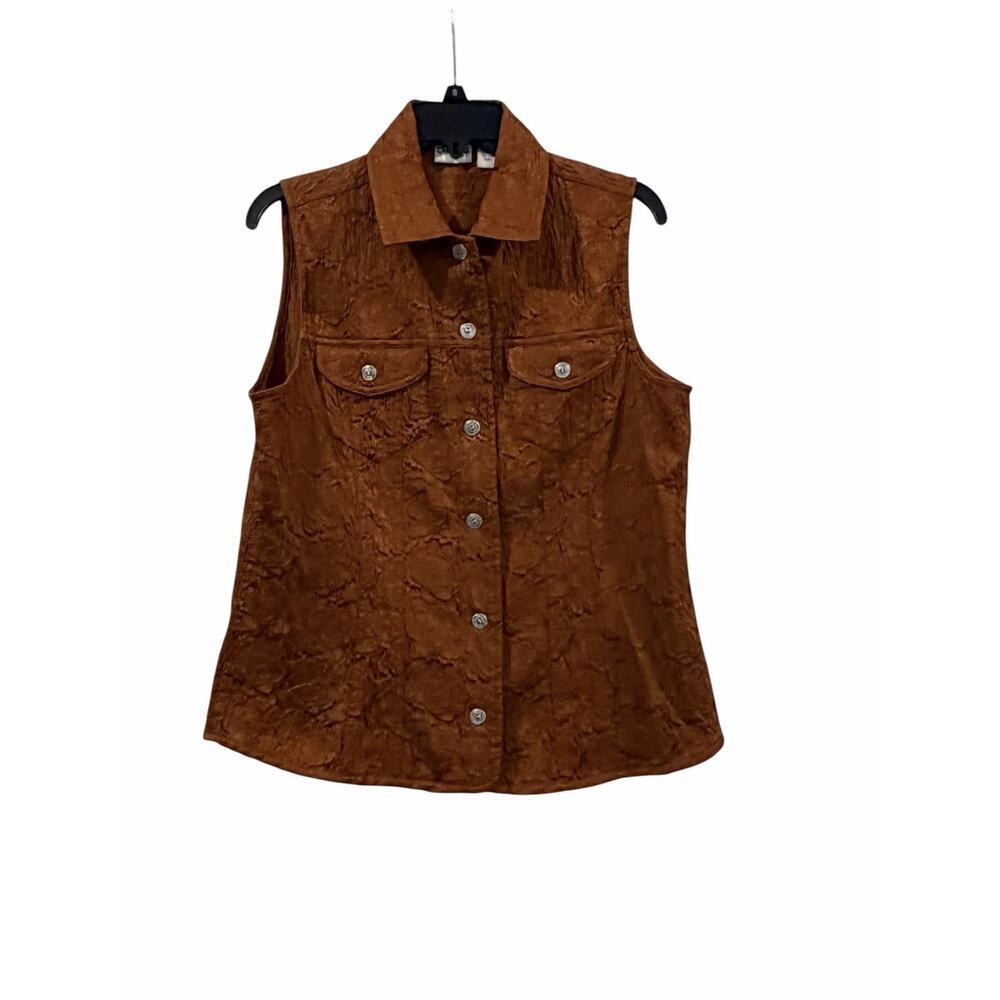 Chico’s Bronze Textured Sleeveless Vest Size 1 Stretchy Jacquard Western